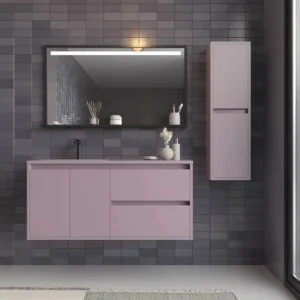 Meuble de salle de bain suspendu 2 tiroirs/2 portes CLAIRE avec vasque en Solid Surface VIOLETA PASTEL