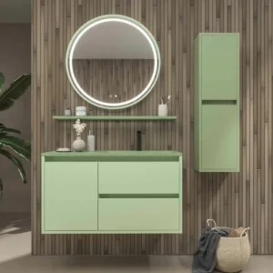 Meuble de salle de bain suspendu 2 tiroirs / 1 porte CLAIRE avec vasque en Solid Surface VERT PALE