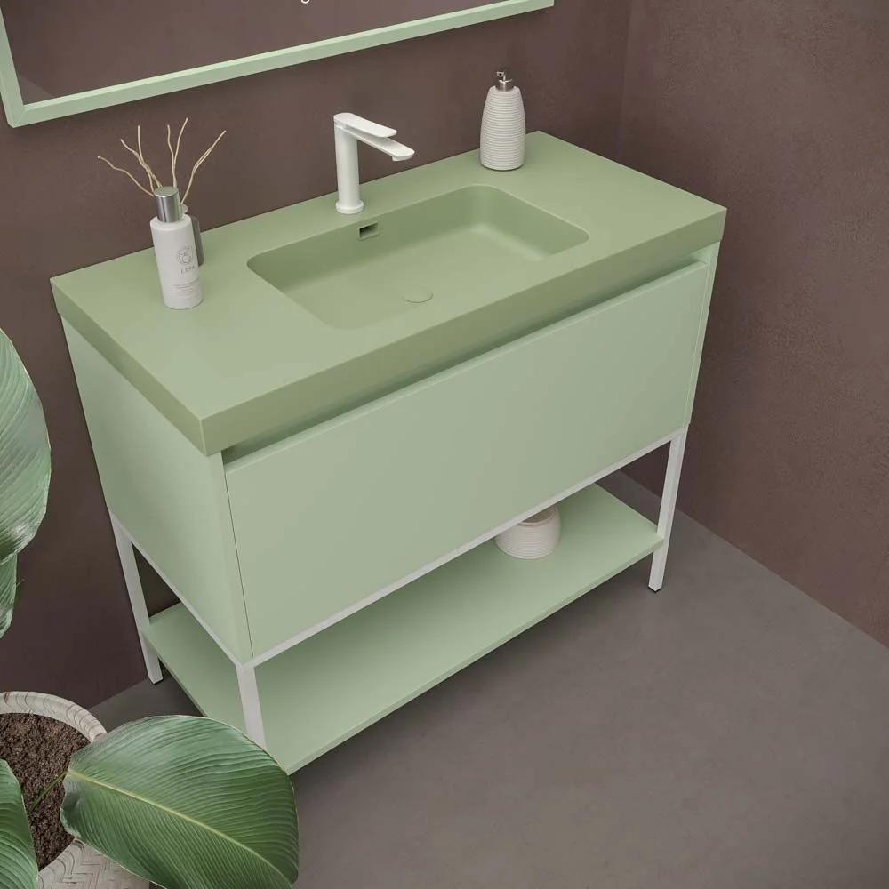 Meuble de salle de bain ELEN sur pieds 1 tiroir – 1 étagère inférieure BLANC VERT / BLANC – Image 4