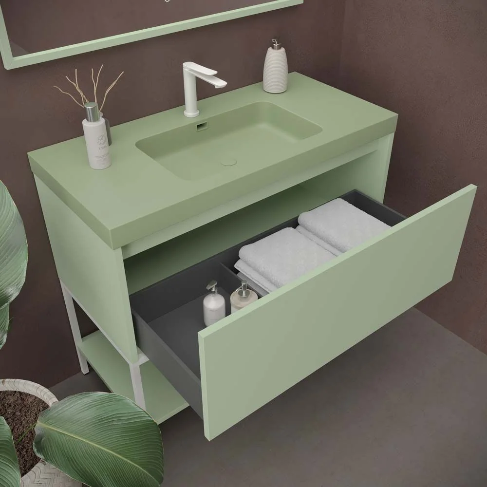 Meuble de salle de bain ELEN sur pieds 1 tiroir – 1 étagère inférieure BLANC VERT / BLANC – Image 3