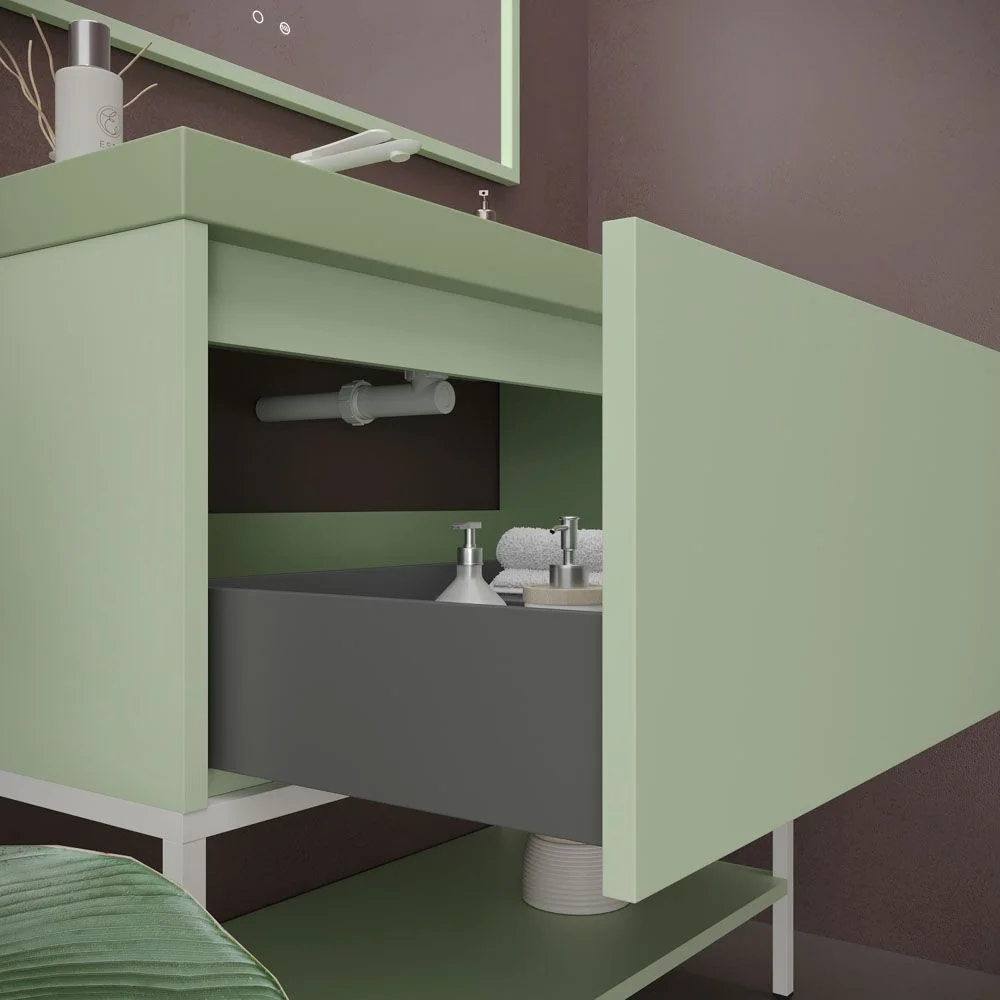 Meuble de salle de bain ELEN sur pieds 1 tiroir – 1 étagère inférieure BLANC VERT / BLANC – Image 2