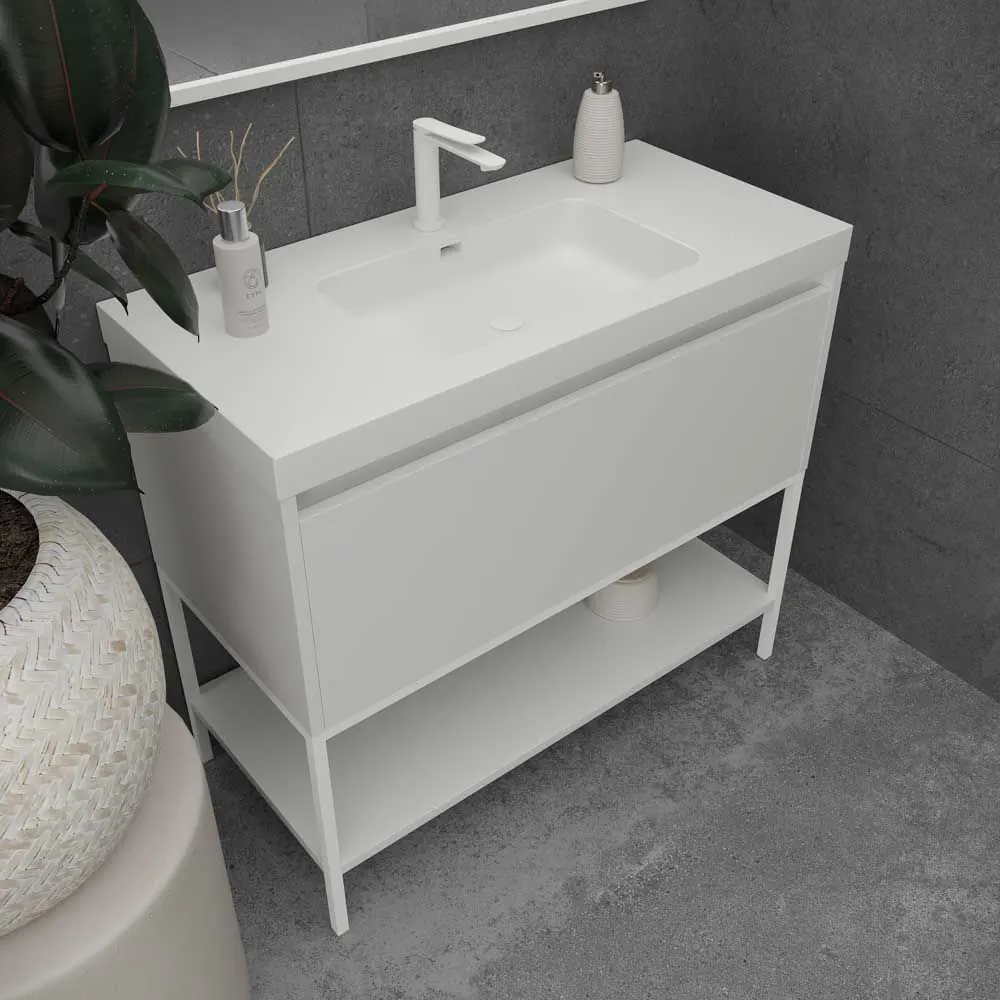 Meuble de salle de bain ELEN sur pieds 1 tiroir – 1 étagère inférieure BLANC – Image 5
