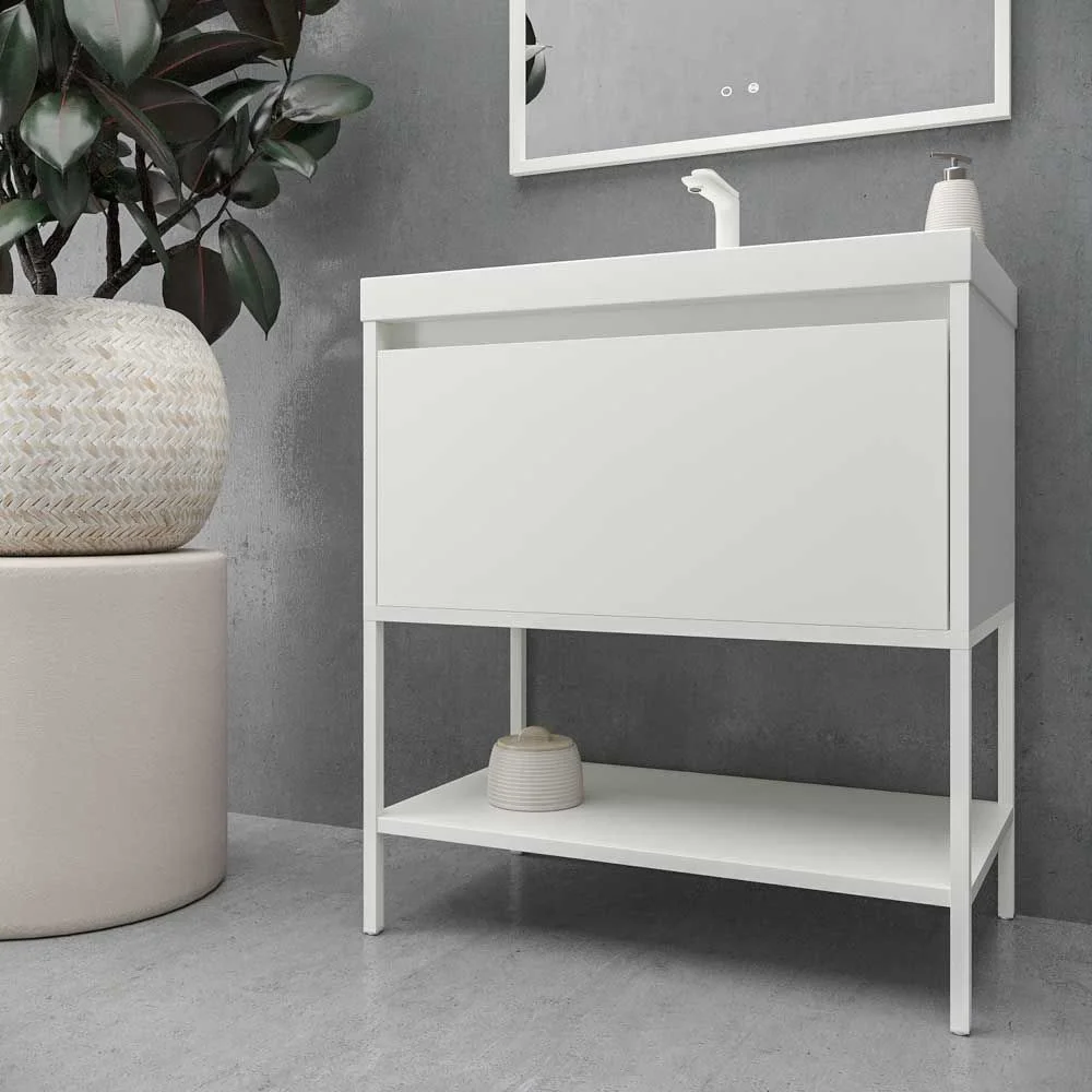 Meuble de salle de bain ELEN sur pieds 1 tiroir – 1 étagère inférieure BLANC – Image 2