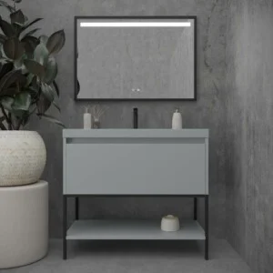 Meuble de salle de bain ELEN sur pieds 1 tiroir – 1 étagère inférieure GRIS CIMENT / NOIR