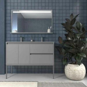 Meuble de salle de bain sur pieds 2 tiroirs - 2 portes SMILE avec vasque en Solid Surface 2 vasques GRIS PIERRE