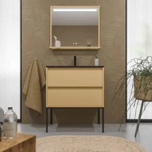Meuble de salle de bain sur pieds 2 tiroirs SMILE avec vasque en Solid Surface BEIGE