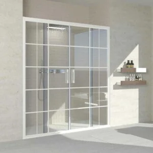 Paroi de douche frontale FLARE 2 fixes -2 portes coulissantes à décor industriel. Pas de profil inférieur. Avec traitement anti-calcaire. Fini BLANC MAT