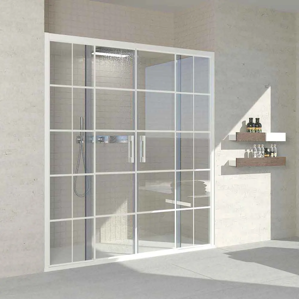 Paroi de douche frontale FLARE 2 fixes -2 portes coulissantes à décor industriel. Pas de profil inférieur. Avec traitement anti-calcaire. Fini BLANC MAT