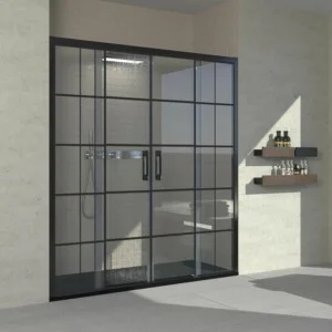 Paroi de douche frontale FLARE 2 fixes -2 portes coulissantes à décor industriel. Pas de profil inférieur. Avec traitement anti-calcaire. Finition NOIR MAT