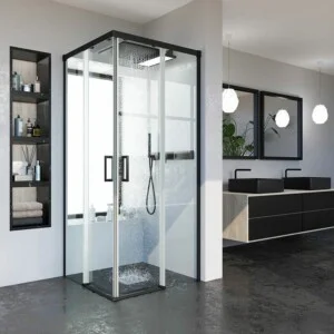 Cabine de douche carrée BASIC ouverture angulaire 2 fixes-2 portes coulissantes. Pas de profil inférieur. Avec traitement anti-calcaire Finition NOIR MAT - 86-95x86-95 cm.