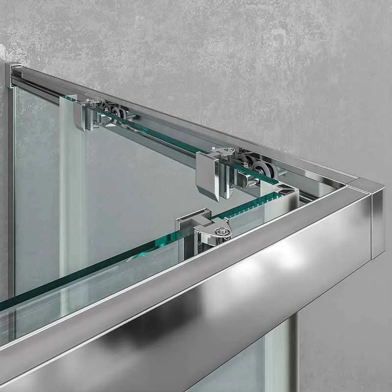 Cabine de douche carrée BASIC ouverture angulaire 2 fixes-2 portes coulissantes. Pas de profil inférieur. Avec traitement anti-calcaire Finition CHROME BRILLANT. – Image 4