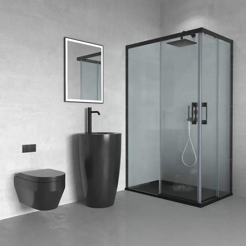 Paroi de douche rectangulaire FLARE ouverture angulaire 2 fixes-2 portes coulissantes. Pas de profil inférieur. Finition effet marbre. MARQUIN NOIR