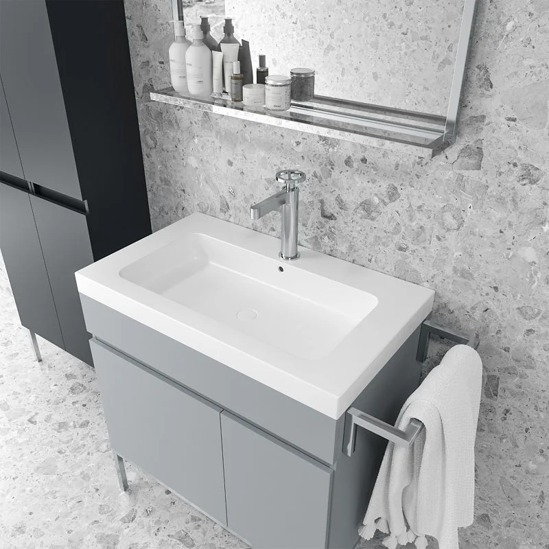 Meuble de salle de bain 1 tiroir- 1 porte finition GRIS CIMENT mat avec vasque en résine épaisseur 6 cm – Image 2
