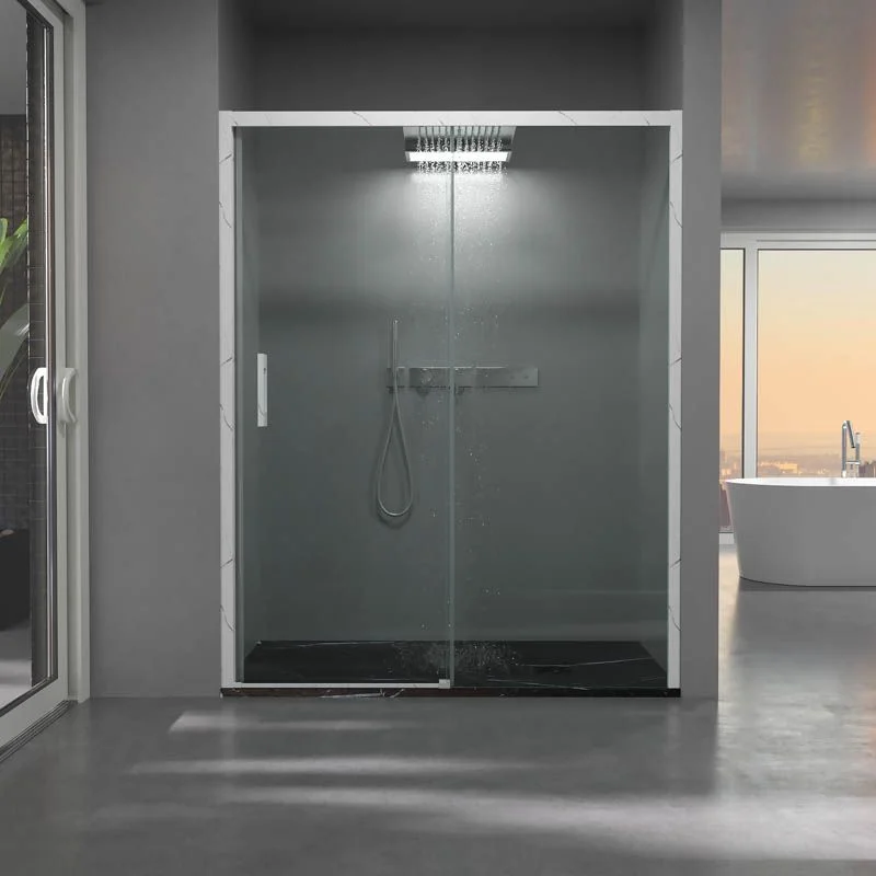 Paroi de douche avant FLARE 1 fixe -1 porte coulissante. Finition effet marbre. Finition CALACATTA – Image 2