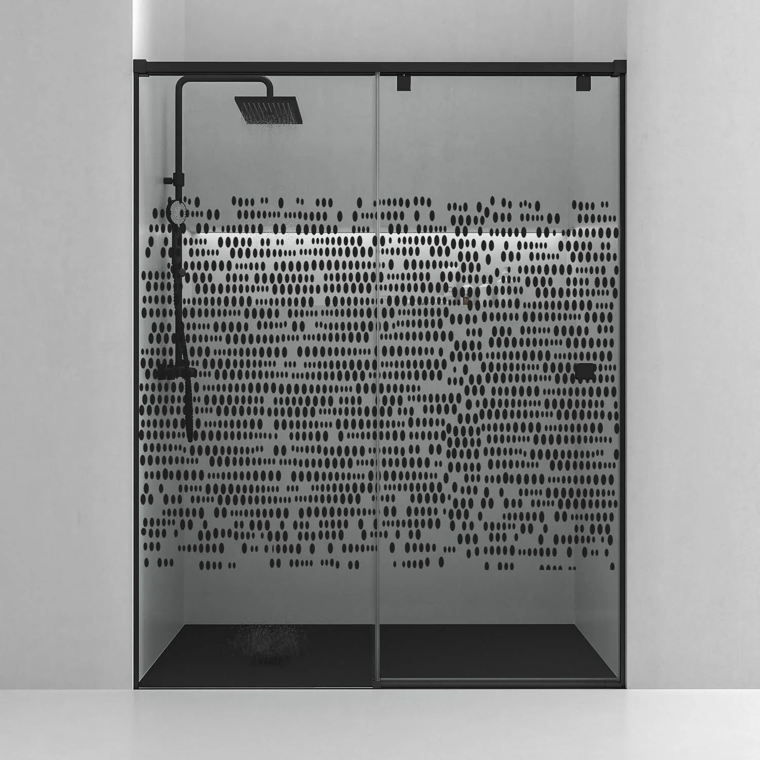 Paroi de douche frontale LIFE 1 porte fixe + 1 coulissante Verre sérigraphié 8 mm à fermeture amortie. Finition NOIR MAT – Image 3
