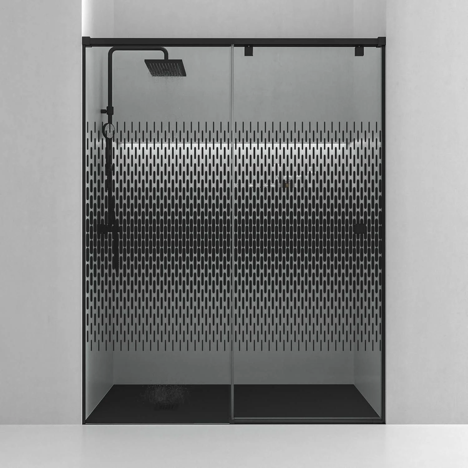 Paroi de douche frontale LIFE 1 porte fixe + 1 coulissante Verre sérigraphié 8 mm à fermeture amortie. Finition NOIR MAT – Image 2