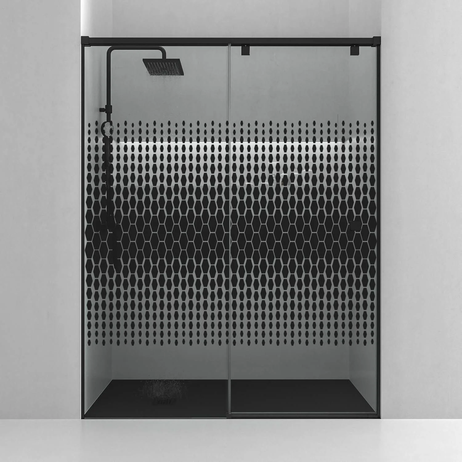 Paroi de douche frontale LIFE 1 porte fixe + 1 coulissante Verre sérigraphié 8 mm à fermeture amortie. Finition NOIR MAT