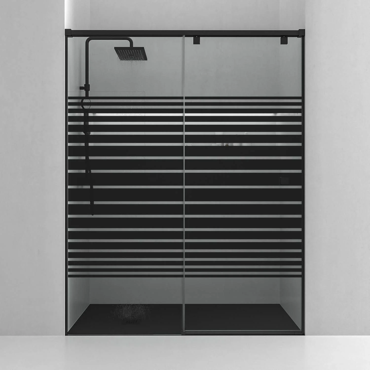 Paroi de douche frontale LIFE 1 porte fixe + 1 coulissante Verre sérigraphié 8 mm à fermeture amortie. Finition NOIR MAT – Image 4
