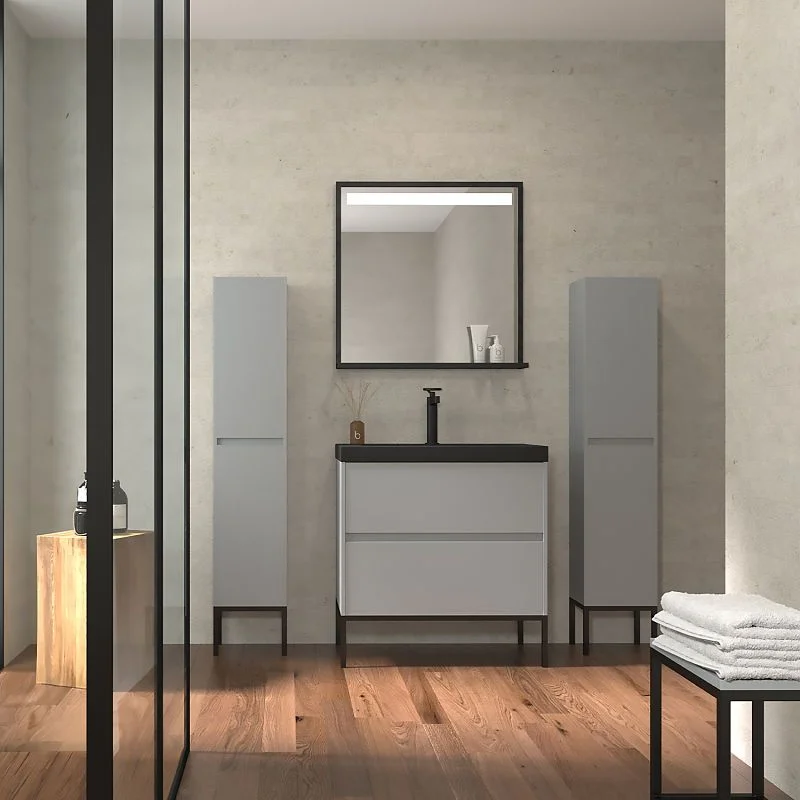 Meuble de salle de bain 2 tiroirs GRIS CIMENT finition mate avec vasque en résine épaisseur 6 cm – Image 3