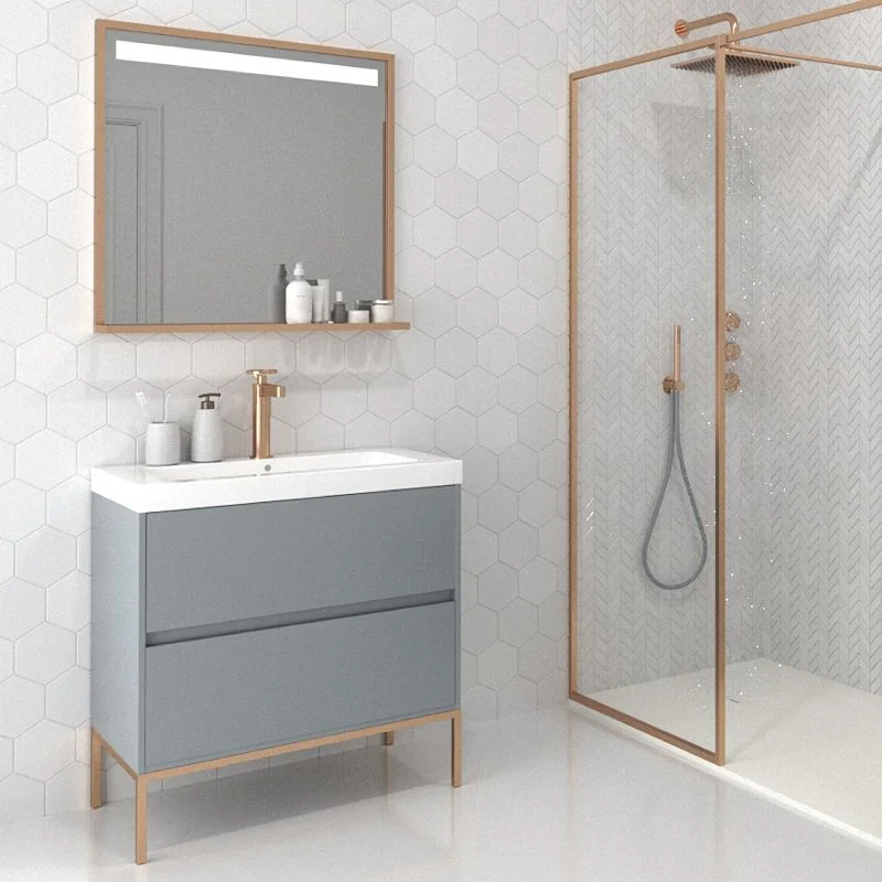 Meuble de salle de bain 2 tiroirs GRIS CIMENT finition mate avec vasque en résine épaisseur 6 cm – Image 2