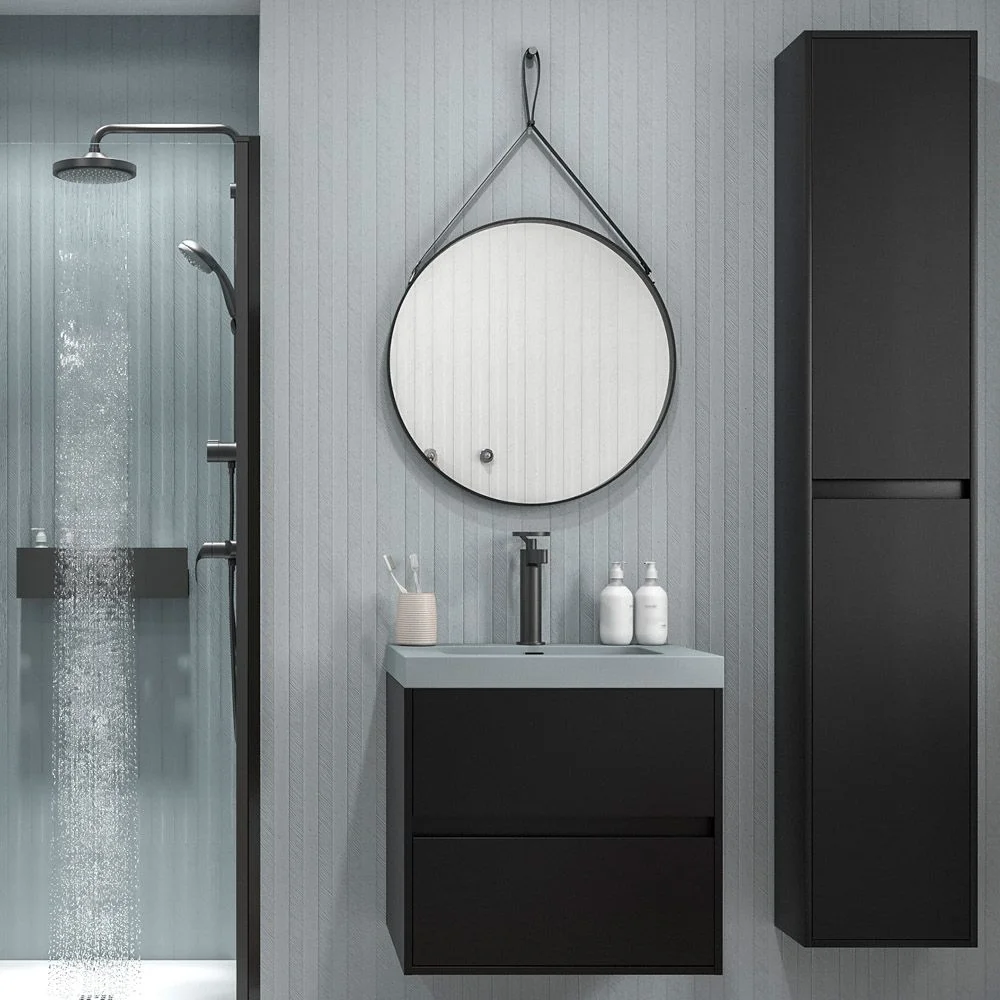 Meuble de salle de bain suspendu 2 tiroirs CARMEN avec vasque en résine finition NOIR – Image 2