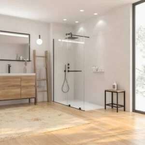 Paroi de douche frontale ouverte VERONA 1 finition fixe- 1 porte coulissante. NOIR MAT
