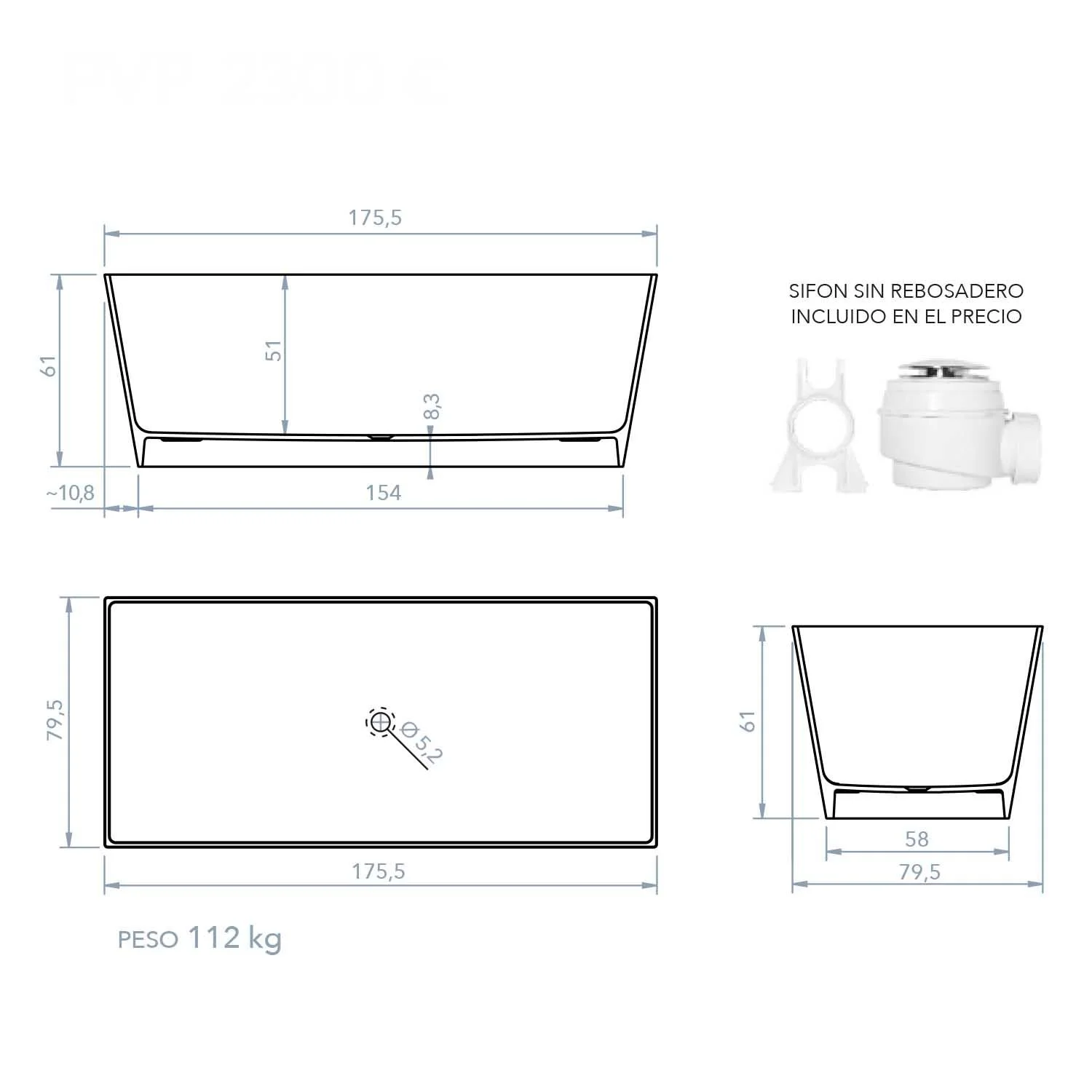 Baignoire îlot ANNA rectangulaire solid surface 175×79.5 cm – Image 8