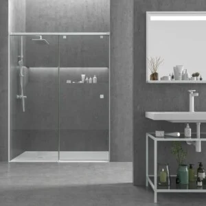 LIFE 1 paroi de douche frontale fixe + 1 porte coulissante en verre 8 mm à fermeture amortie. Fini BLANC MAT