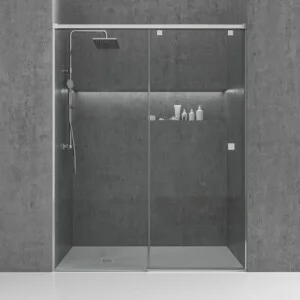 LIFE 1 paroi de douche frontale fixe + 1 porte coulissante en verre 8 mm à fermeture amortie. Finition CHROME BRILLANT