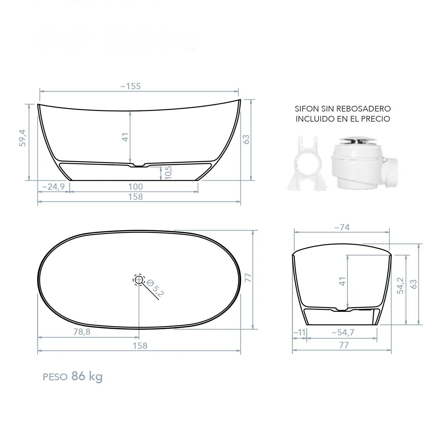 Baignoire îlot CLOE ovale solid surface 158×77 cm – Image 7