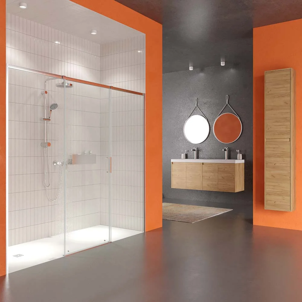 Paroi de douche frontale AXER 1 fixe + 1 porte centrale coulissante + 1 fixe Verre 6 mm. sécurité tempérée. ACIER INOXIDABLE – Image 2