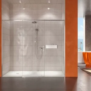 Paroi de douche frontale AXER 1 fixe + 1 porte centrale coulissante + 1 fixe Verre 6 mm. sécurité tempérée. ACIER INOXIDABLE