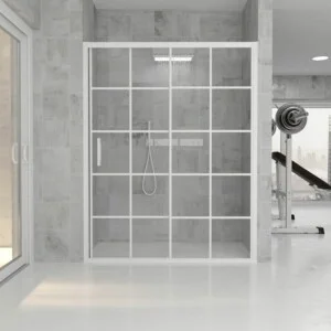 Paroi de douche frontale FLARE décoration industrielle 1 fixe -1 porte coulissante. Pas de profil inférieur. Fini BLANC MAT