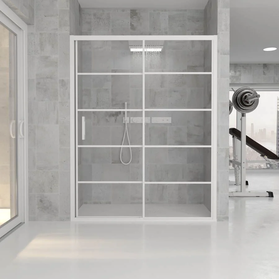 Paroi de douche frontale FLARE décoration industrielle 1 fixe -1 porte coulissante. Pas de profil inférieur. Fini BLANC MAT – Image 2