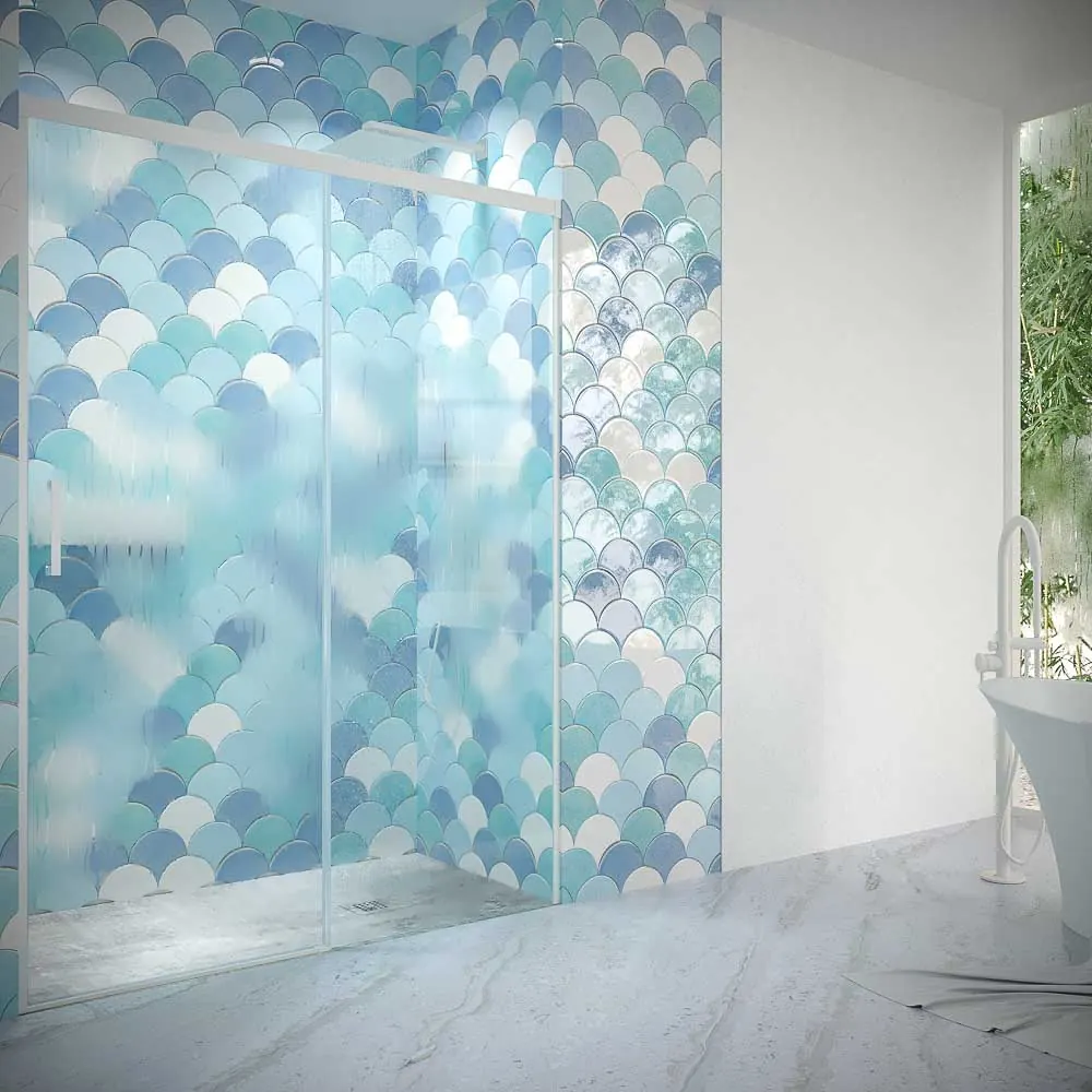 Paroi de douche frontale BASIC 1 fixe -1 porte coulissante. Pas de profil inférieur. Avec traitement anti-calcaire. Finition BLANC MAT. – Image 2