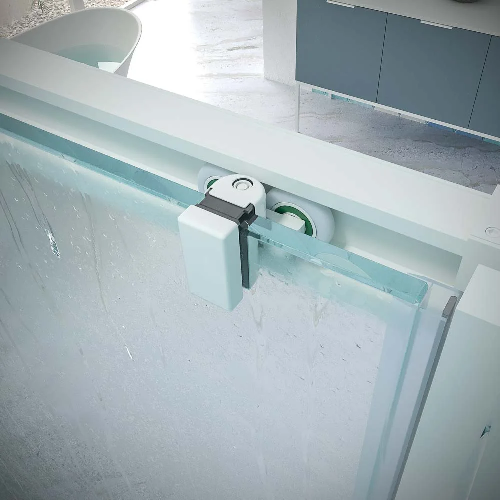 Paroi de douche frontale BASIC 1 fixe -1 porte coulissante. Pas de profil inférieur. Avec traitement anti-calcaire. Finition BLANC MAT. – Image 5