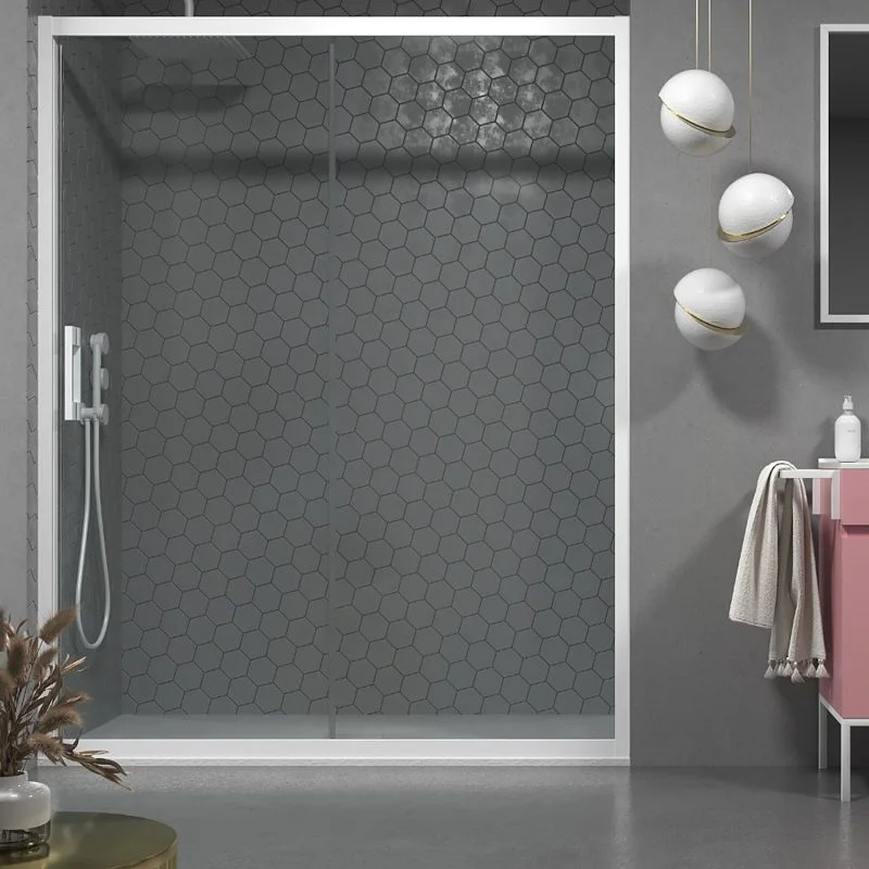 FRAME 1 paroi de douche frontale fixe - 1 porte coulissante en verre transparent. Fini BLANC MAT – Image 2