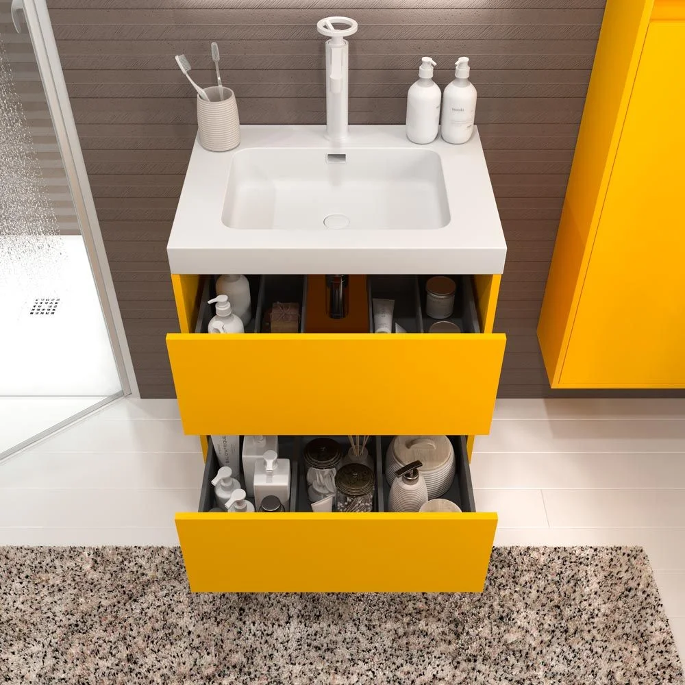 Meuble de salle de bain suspendu 2 tiroirs CARMEN avec vasque en résine finition MOUTARDE – Image 5