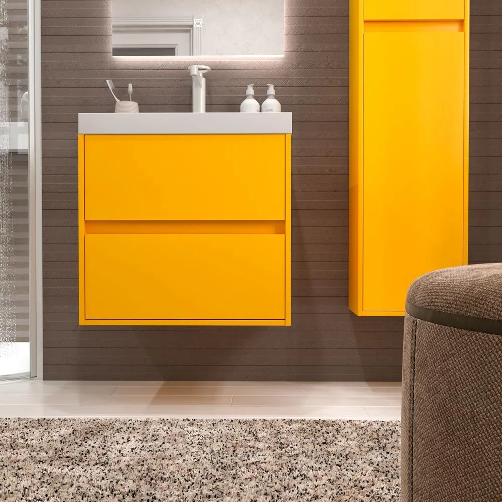 Meuble de salle de bain suspendu 2 tiroirs CARMEN avec vasque en résine finition MOUTARDE – Image 6