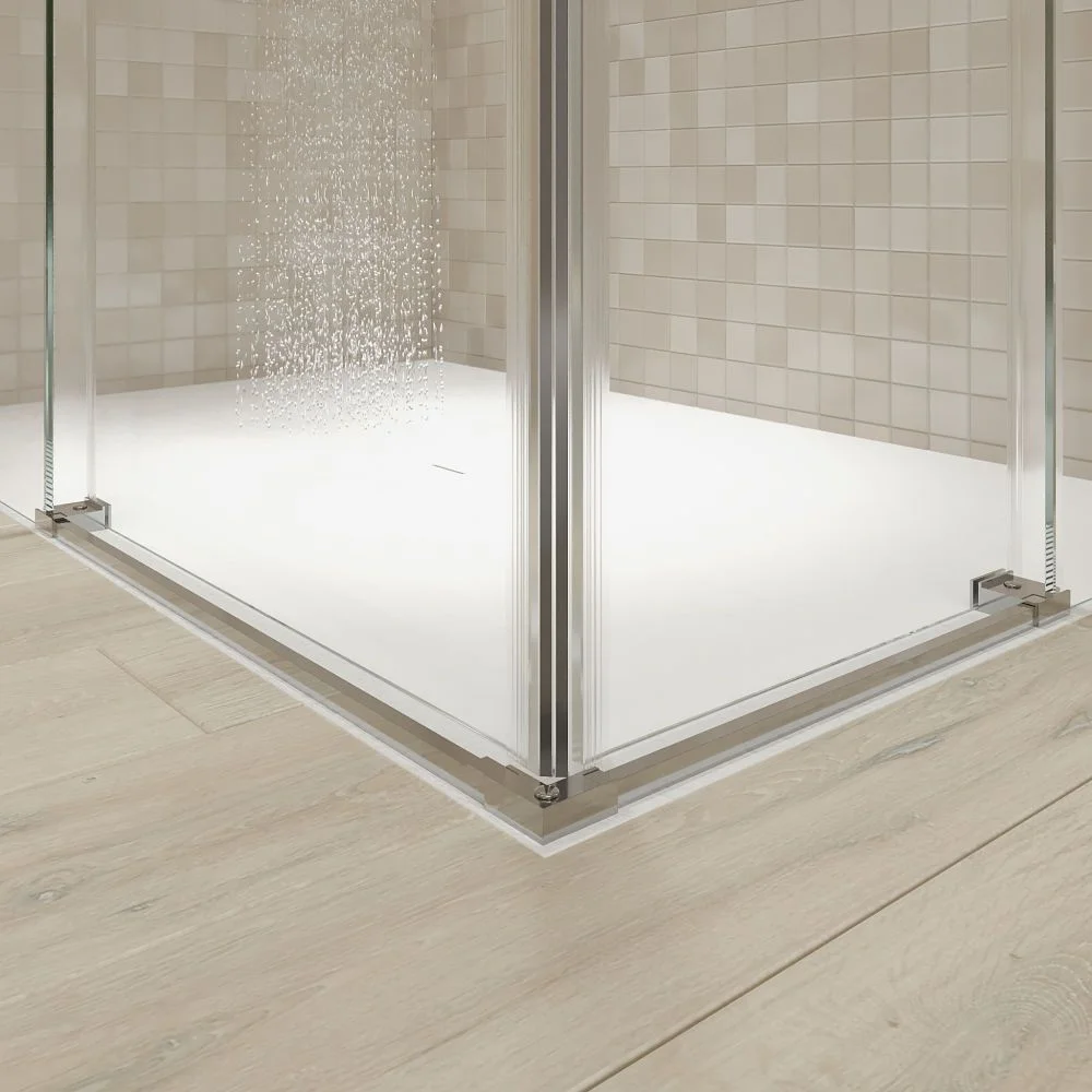 Paroi de douche rectangulaire FLARE ouverture angulaire 2 portes fixes-2 coulissantes. Pas de profil inférieur. Avec traitement anti-calcaire. Finition CHROME BRILLANT – Image 3