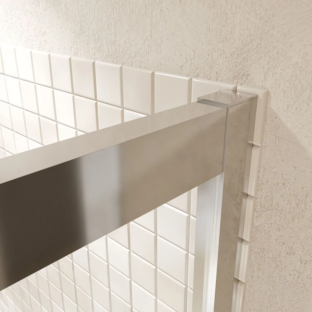 Paroi de douche rectangulaire FLARE ouverture angulaire 2 portes fixes-2 coulissantes. Pas de profil inférieur. Avec traitement anti-calcaire. Finition CHROME BRILLANT – Image 4