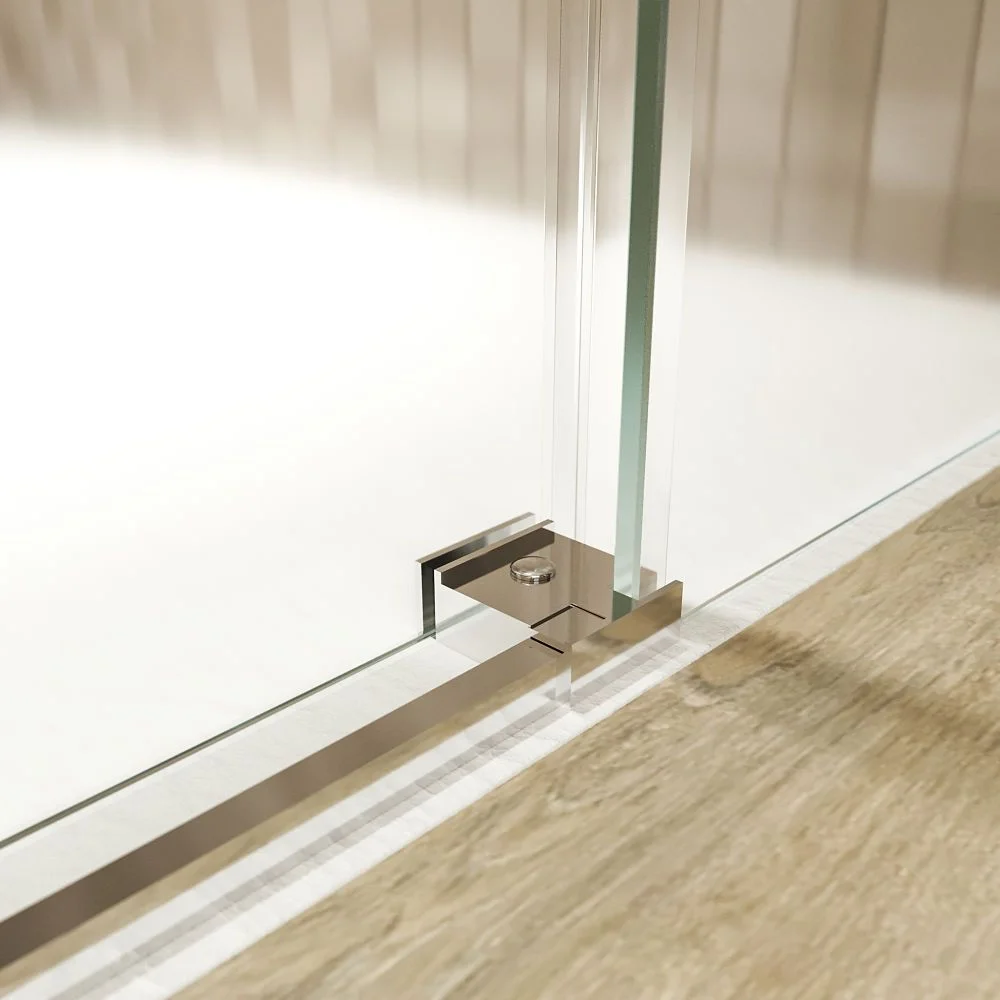 Paroi de douche rectangulaire FLARE ouverture angulaire 2 portes fixes-2 coulissantes. Pas de profil inférieur. Avec traitement anti-calcaire. Finition CHROME BRILLANT – Image 5