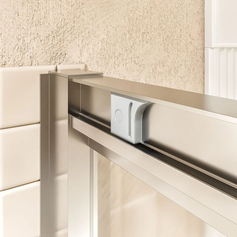 Paroi de douche rectangulaire FLARE ouverture angulaire 2 portes fixes-2 coulissantes. Pas de profil inférieur. Avec traitement anti-calcaire. Finition CHROME BRILLANT – Image 6