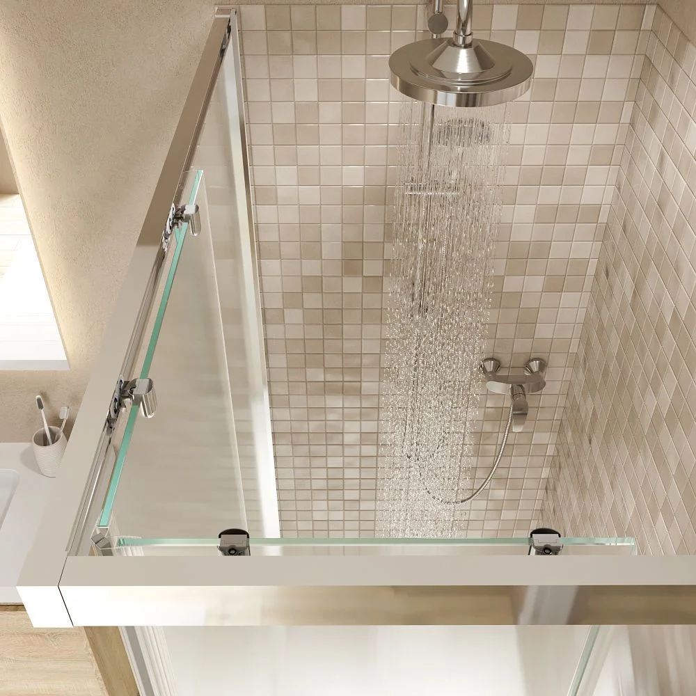 Paroi de douche rectangulaire FLARE ouverture angulaire 2 portes fixes-2 coulissantes. Pas de profil inférieur. Avec traitement anti-calcaire. Finition CHROME BRILLANT – Image 2