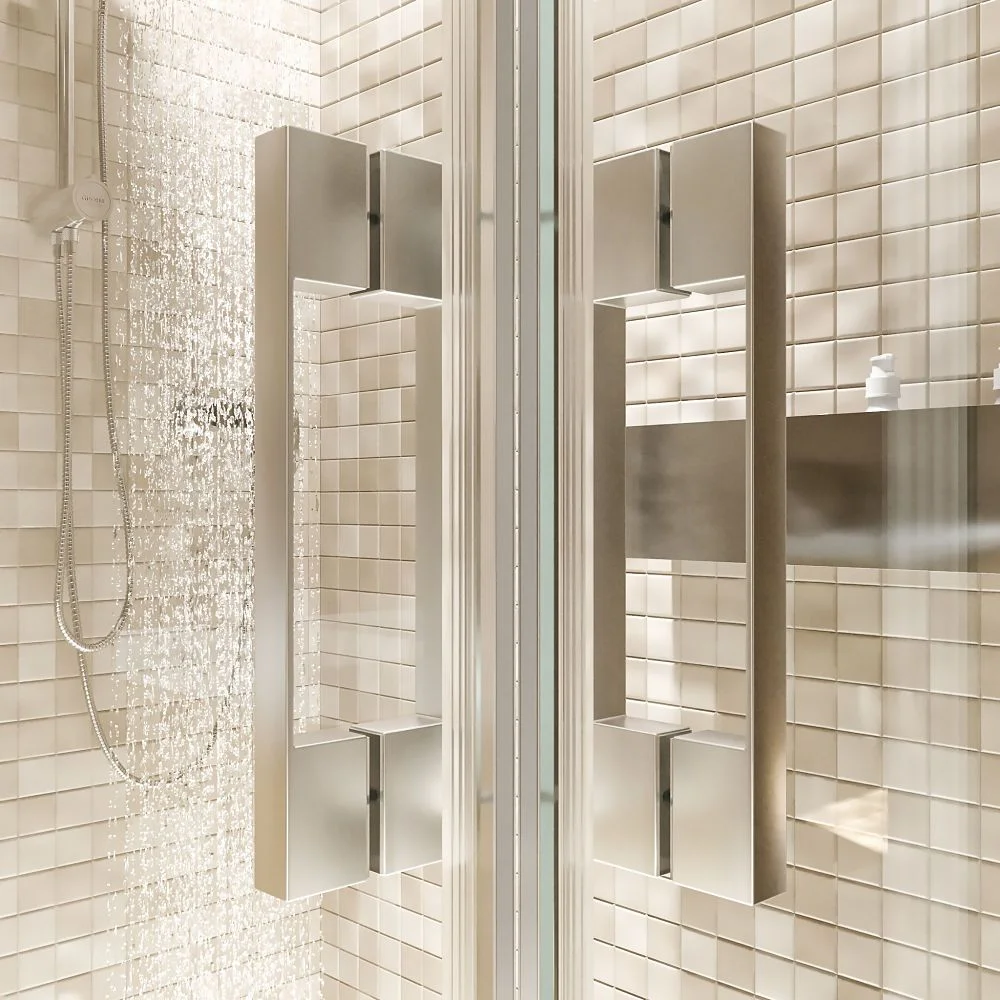Paroi de douche rectangulaire FLARE ouverture angulaire 2 portes fixes-2 coulissantes. Pas de profil inférieur. Avec traitement anti-calcaire. Finition CHROME BRILLANT – Image 7