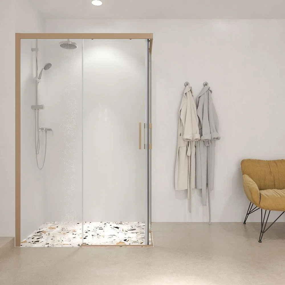 Paroi de douche rectangulaire LINEA ouverture angulaire 2 portes fixes-2 coulissantes. Pas de profil inférieur. Finition MOKA – Image 7