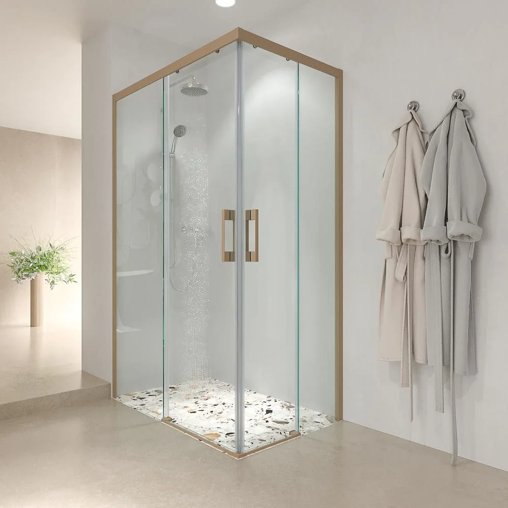 Paroi de douche rectangulaire LINEA ouverture angulaire 2 portes fixes-2 coulissantes. Pas de profil inférieur. Finition MOKA