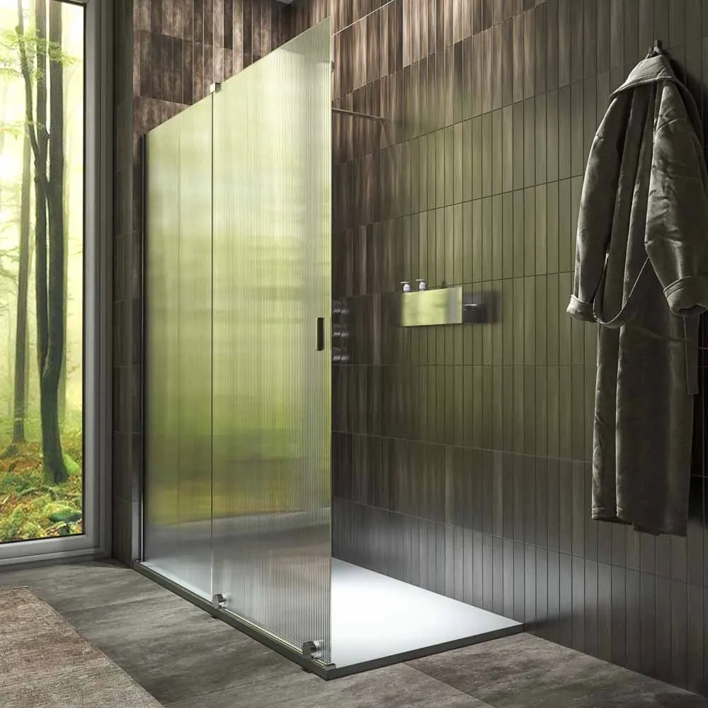 Paroi de douche ANDREA façade 1 fixe- 1 porte coulissante VERRE RAINURÉ roue inférieure. Finition CHROME BRILLANT – Image 2