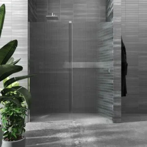Paroi de douche ANDREA façade 1 fixe- 1 porte coulissante VERRE RAINURÉ roue inférieure. Finition CHROME BRILLANT