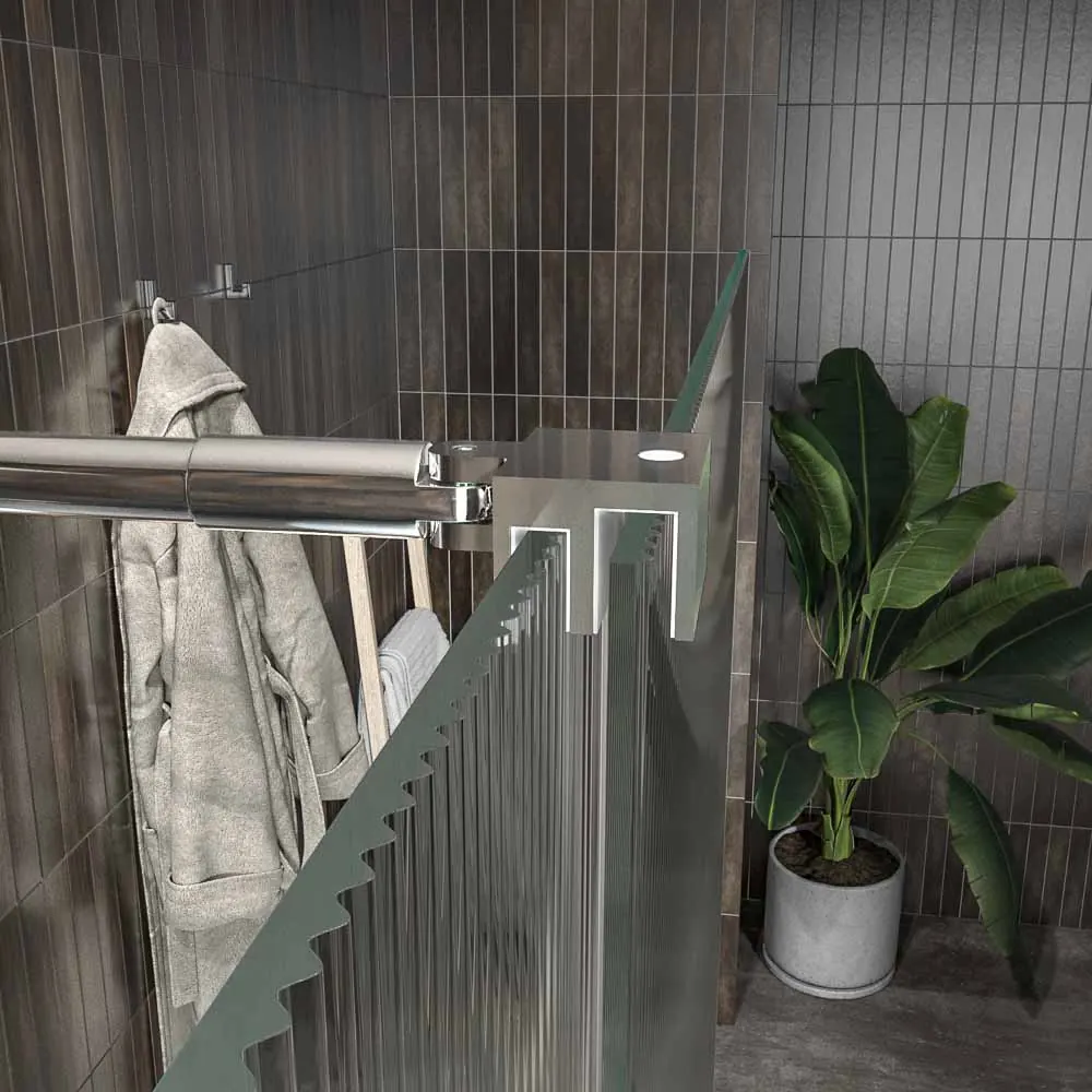 Paroi de douche ANDREA façade 1 fixe- 1 porte coulissante VERRE RAINURÉ roue inférieure. Finition CHROME BRILLANT – Image 7
